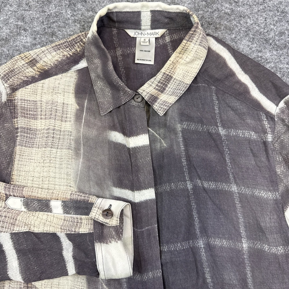 John Mark tunic top women's small gray tan neutral geometric silky boho artsy